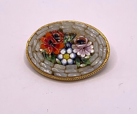 Vintage Italian Micro mosaic brooch floral flowers - image 9