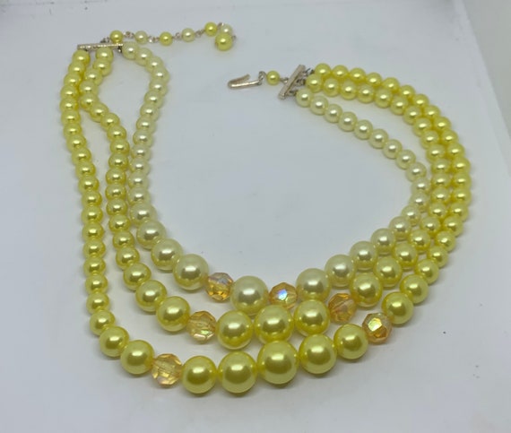 Vintage bright yellow 3 strand beaded necklace 19… - image 1