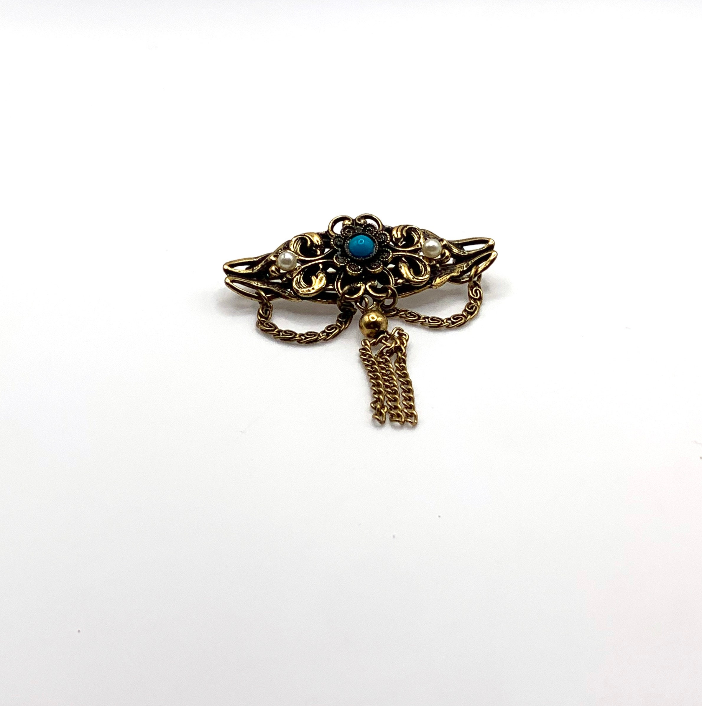 Broche Ancienne Art Déco Métal Doré Avec Cabochon Turquoise Et Perles - Occasion