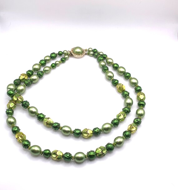 Vintage green faux pearl iridescent beaded two st… - image 2