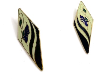Vintage 80s enamel cream and black blue butterfly pierced earring