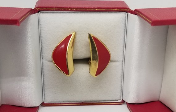 Vintage Monet red enamel and gold tone clip on st… - image 9