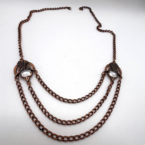 Vinatge copper clear crystal swag chain necklace  boho
