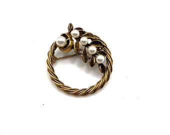 Broche Vintage Pomme En Perles Nacrées Relief Couleur Or - Pièce De Collection Qualité