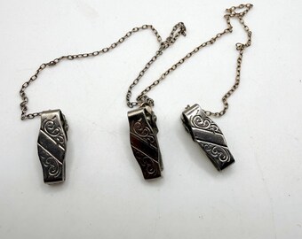 Antique silver tone etched lingerie clips triple three on chain