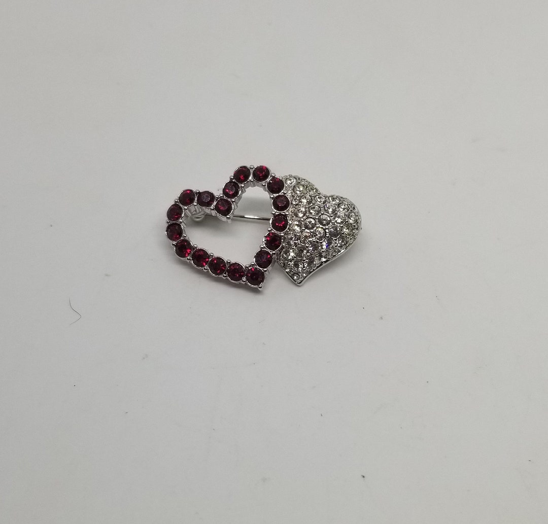 Vintage Swarvoski Double Heart Two Heart Red and Clear Silver Tone ...