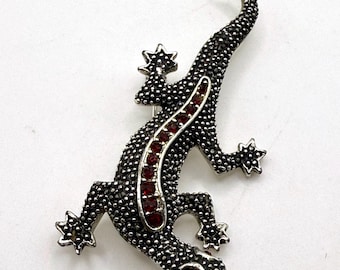 Vintage Emmons Lizard Gecko brooch silver tone and dark red rhinestone