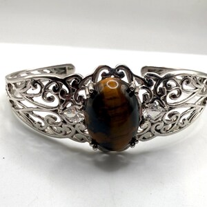 Vintage Karis Platinum bonded scroll filigree cuff bracelet with tigers eye