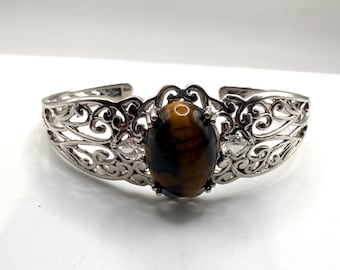 Vintage Karis Platinum bonded scroll filigree cuff bracelet with tigers eye