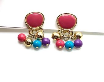 Vintage jaren '90 gouden toon bungelende clip op oorbellen kralen emaille roze paars en blauw