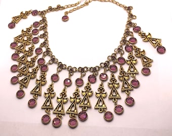 Vintage Goldette large statement Egyptian dangle bib necklace,purple amethyst glass,