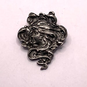 Vintage art Nouveau style pewter silver tone repro woman's face goddess brooch