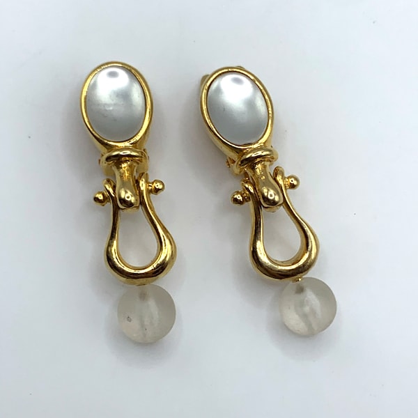 Vintage Paolo Gucci clip on earrings door knocker 1980s clear frosted and gold tone