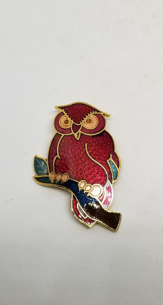 vintage cloisonne enamel dark red owl brooch