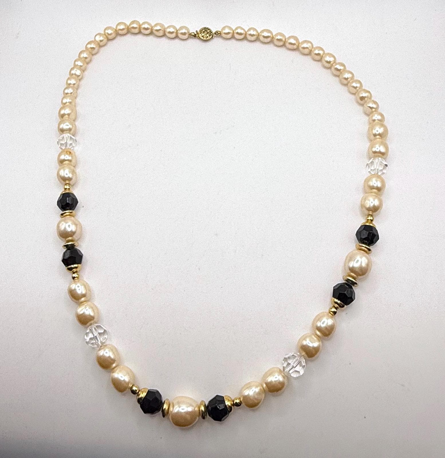 Vintage Black Faceted Acrylic Bead and Faux Pearl Chunky Necklace