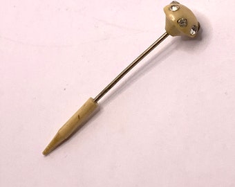 Art Deco antique vintage off white celluloid and clear rhinestone stick pin hat pin