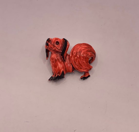 Vintage bright red orange Papillion small dog ena… - image 4