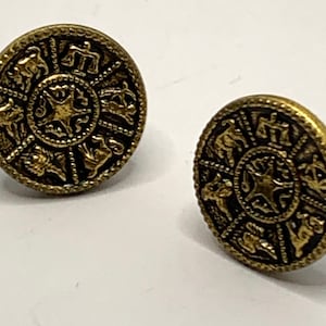 Vintage zodiac wheel astrology gold tone round screw back earrings
