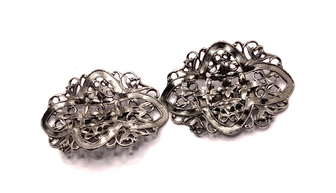 Vintage Musi Flower Filigree Silver Tone Large Shoe Clips Etsy