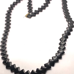 Vintage black Square thermoset plastic beaded Trifari necklace long 28 inch