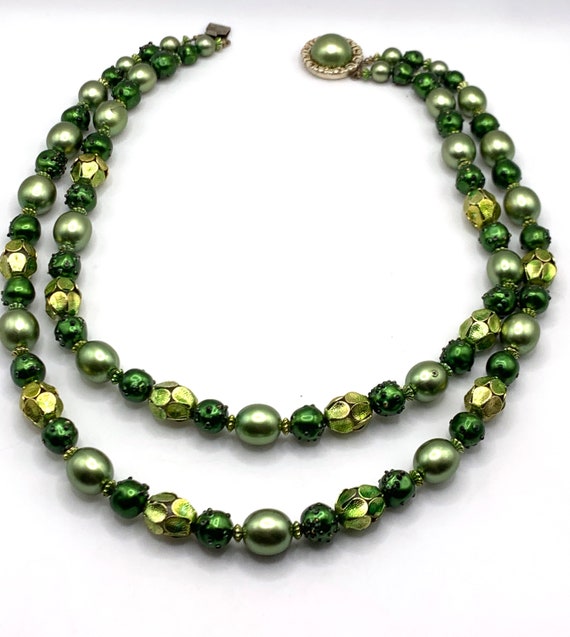 Vintage green faux pearl iridescent beaded two st… - image 1