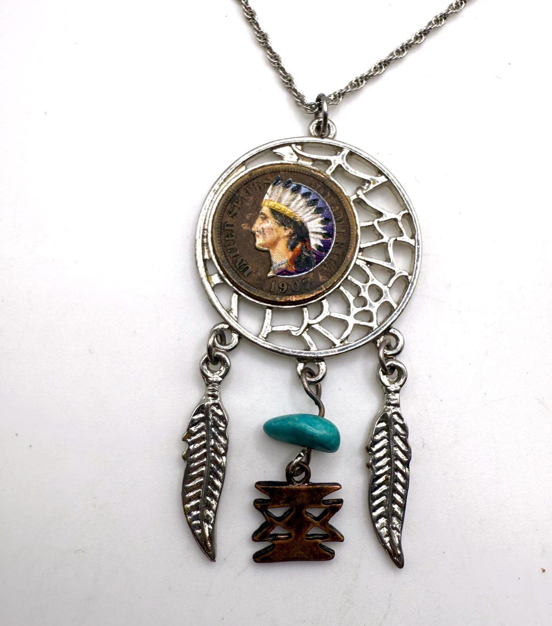 Vintage 1907 Native American Penny With Painting Dreamcatcher