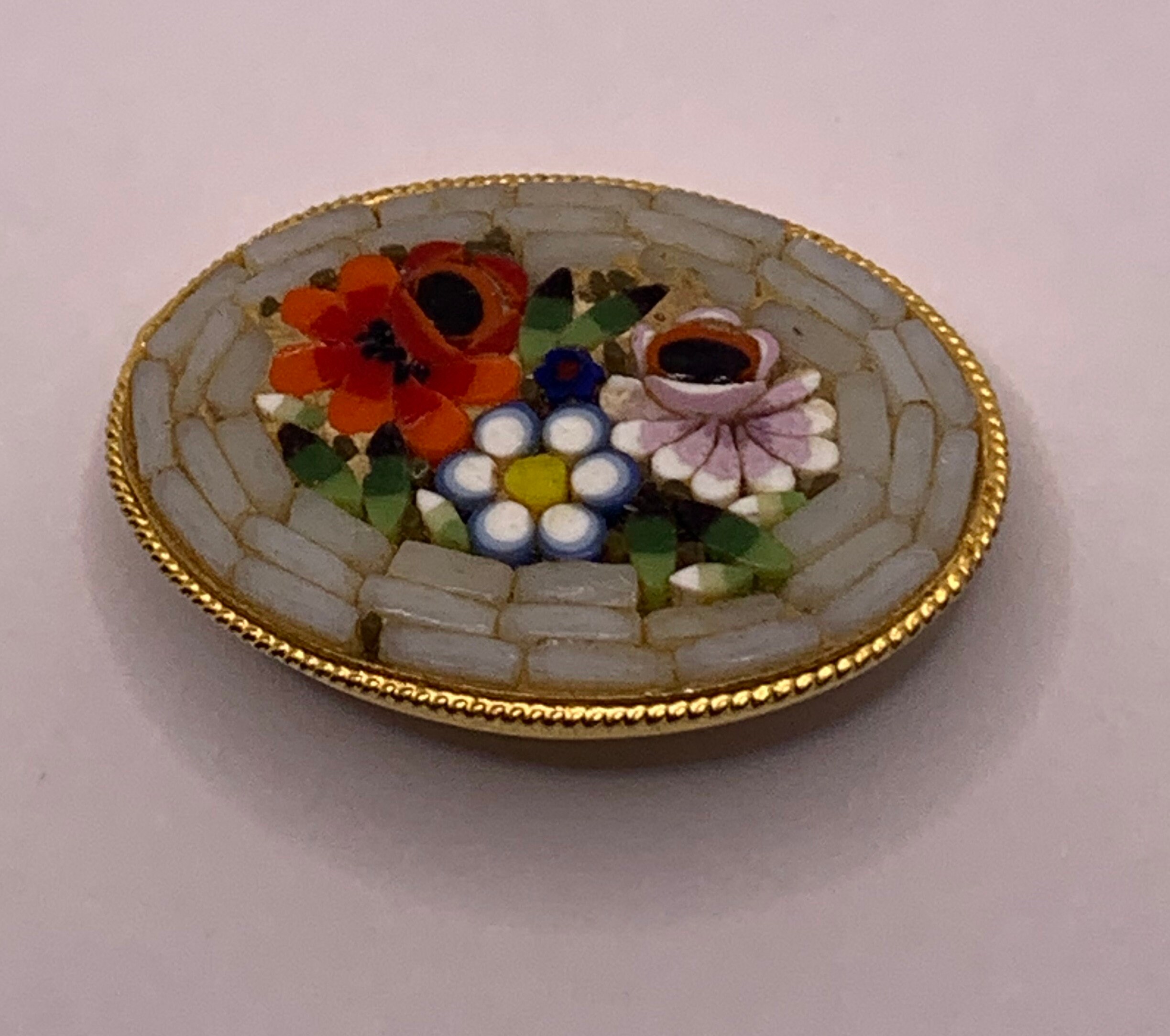 Grande Broche Vintage En Micro-Mosaïque Italienne - Motif Floral Multicolore, Modèle 4761