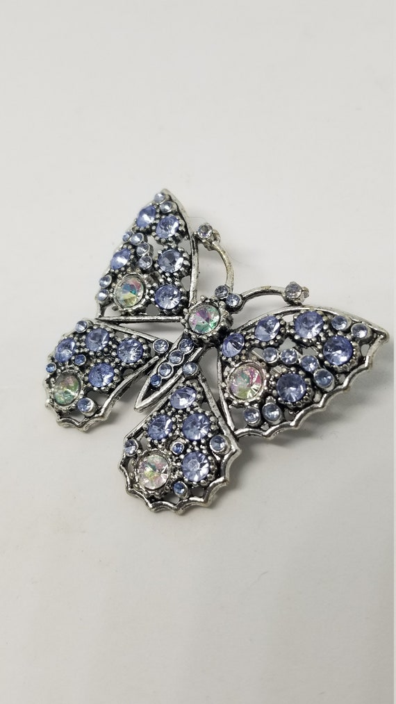 Vintage Silver tone blue rhinestone and clear ab … - image 10