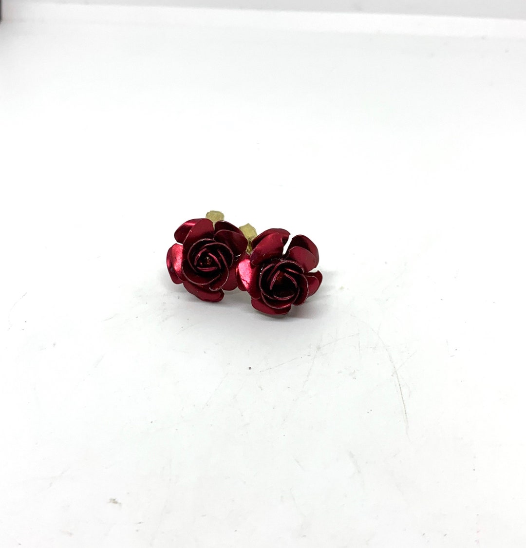 Vintage Metallic Dark Red Rose Clip on Earrings Etsy