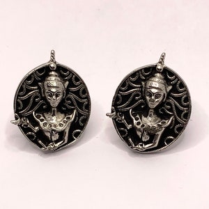 Vintage Swank Silver tone and Black Thai Goddess Balinese large deity cuff links