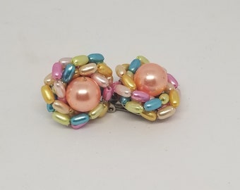 Vintage clip on pastel pearl colorful earrins