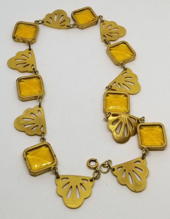 Vintage art deco gold tone and amber orange yello… - image 9