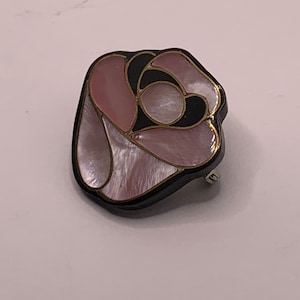 Vintage Black plastic with pink mother of pearl rose bud brooch
