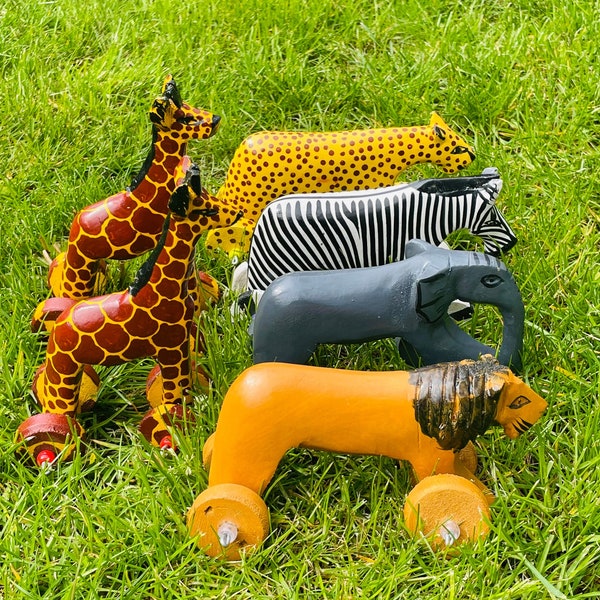 Africa Handcrafted Animals/Wooden Safari Animals/Animal Art Decor/Handmade  Animal Sculpture/Animal on Wheel