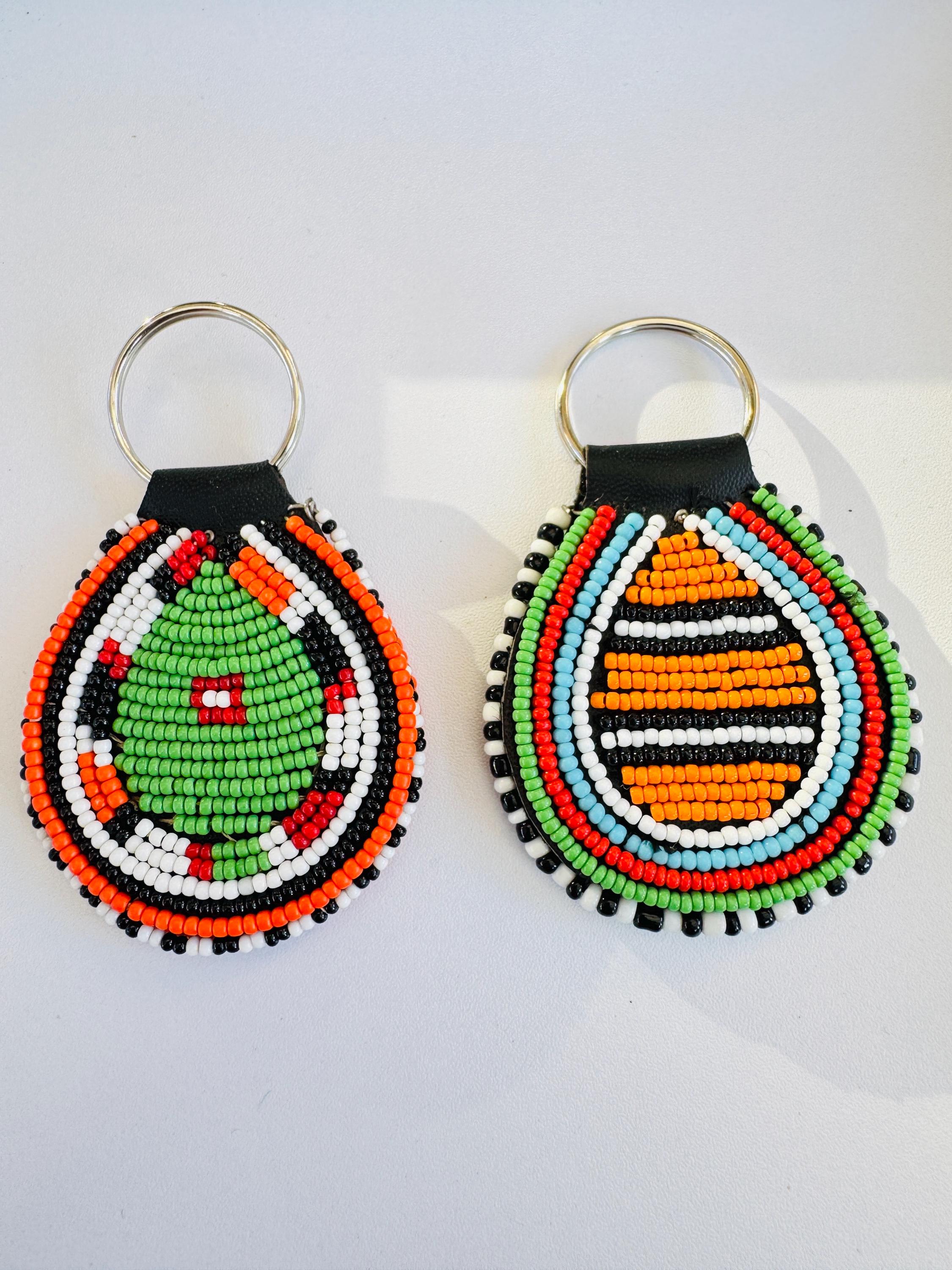Handmade Zulu Beaded Keyrings Set of Two, Masai Leather Keychain