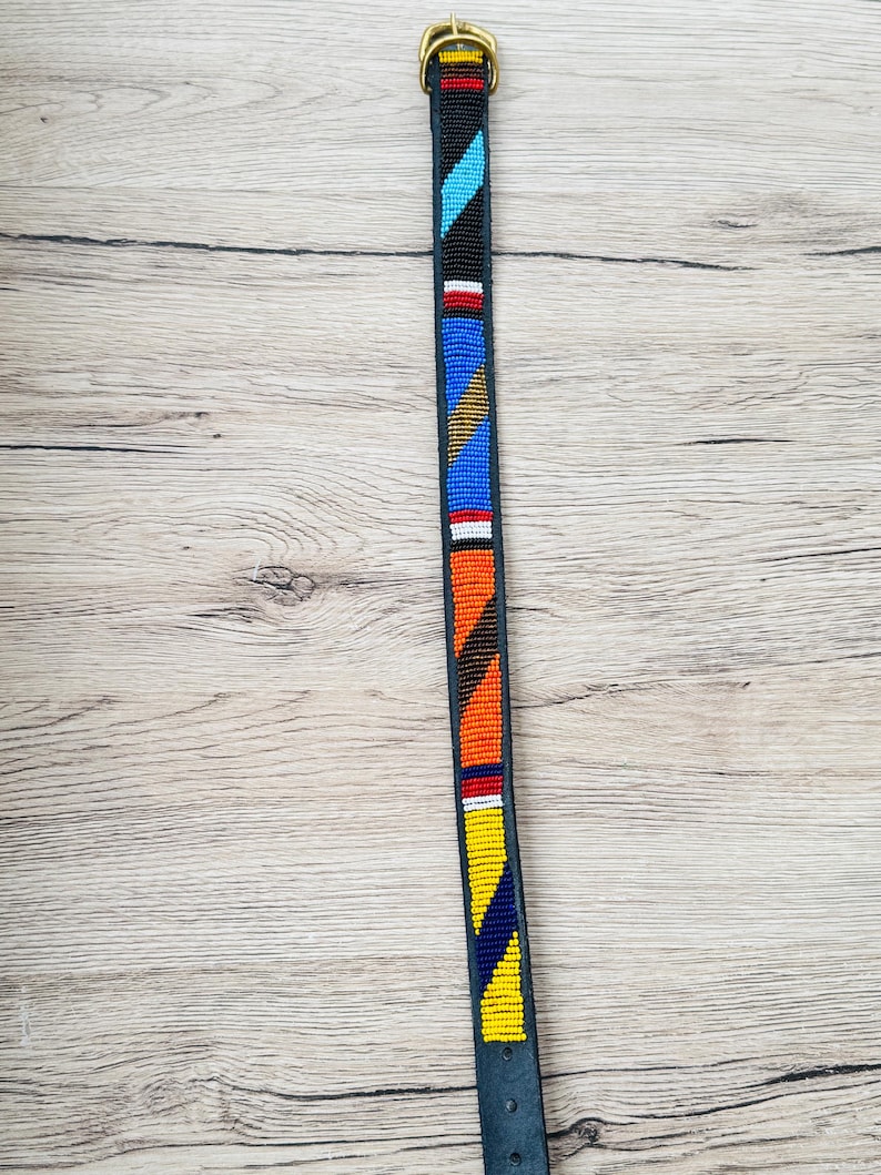 Handmade Masai Beaded Leather Dog Collar: Colorful African Pet Gift. 17-20.1 inches