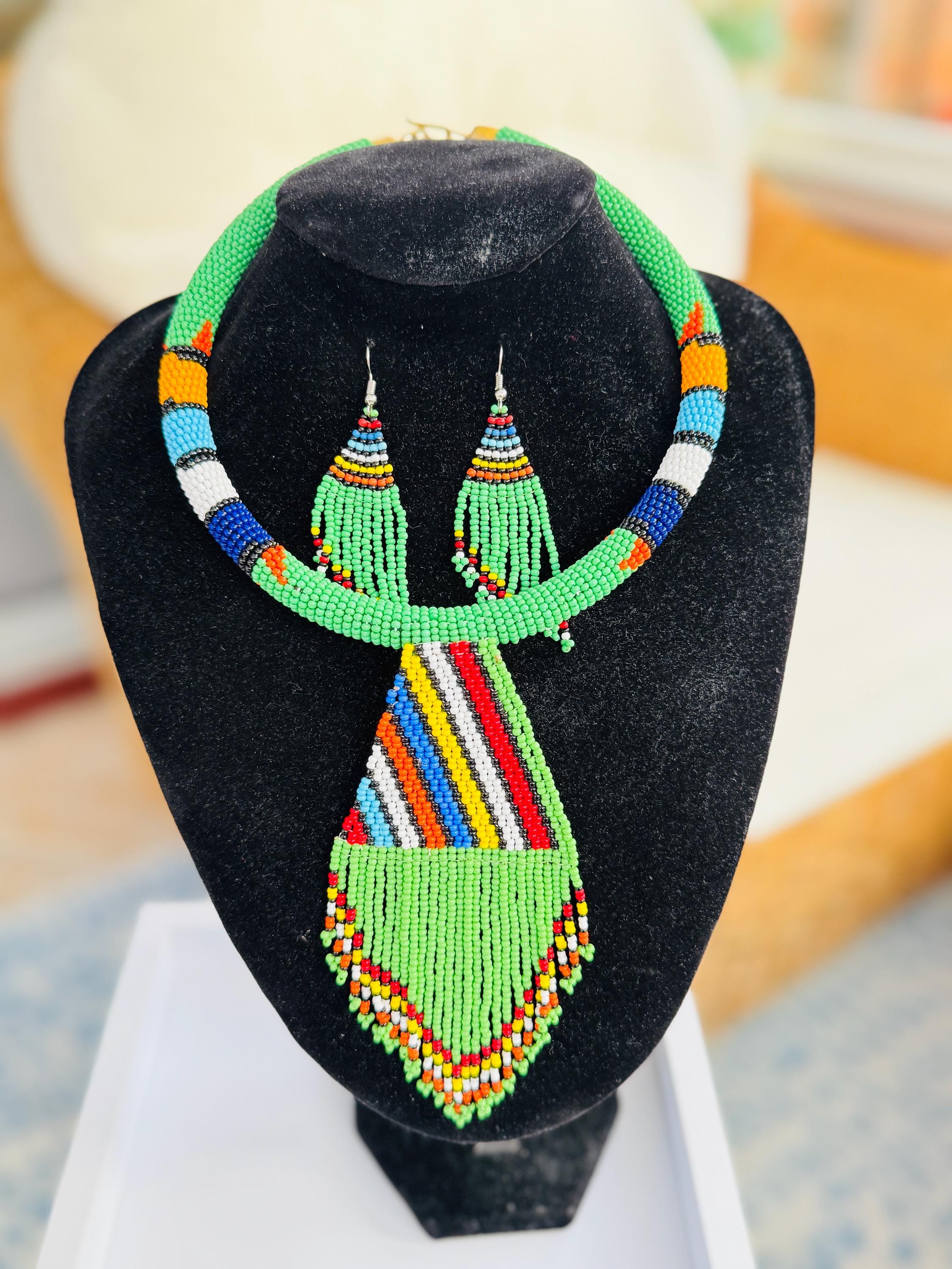 Handmade Masai Beaded Choker Necklace With Earrings: Kenya Tribal