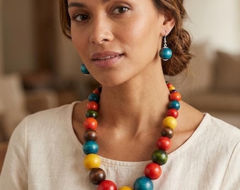 Collana di perline di legno africane fatte a mano: set di gioielli multicolori Boho audaci