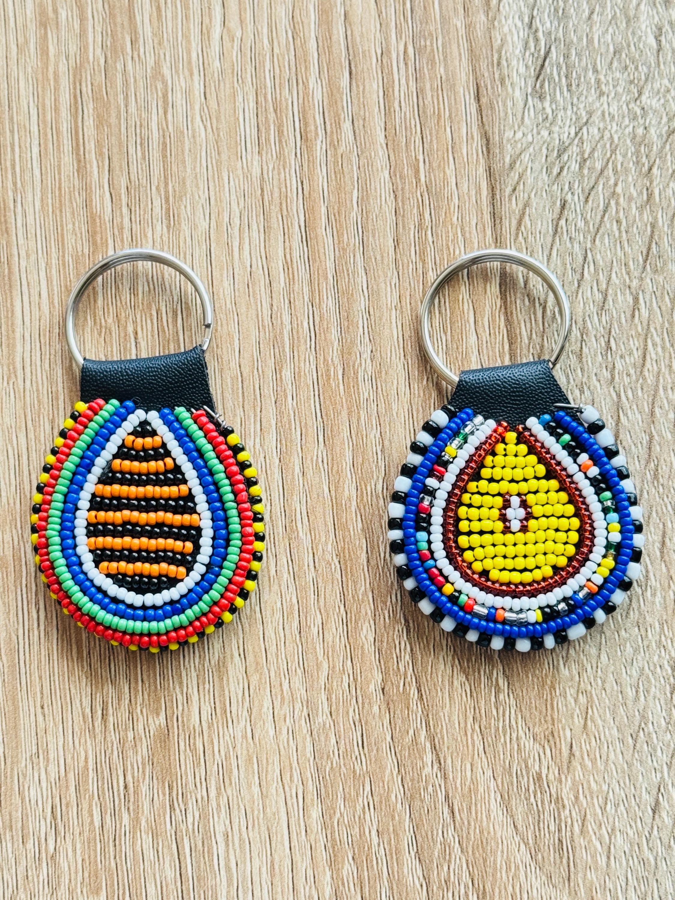 Handmade Zulu Beaded Keyrings Set of Two, Masai Leather Keychain