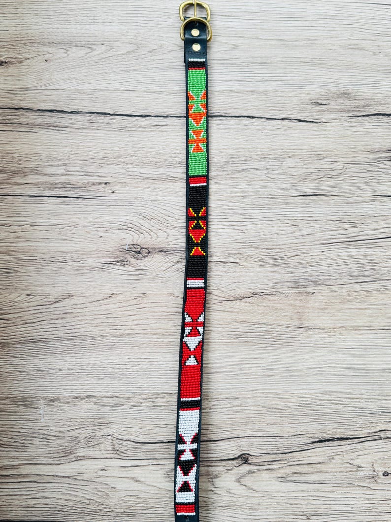 Handmade Masai Beaded Leather Dog Collar: Colorful African Pet Gift. 21-23.2 inches