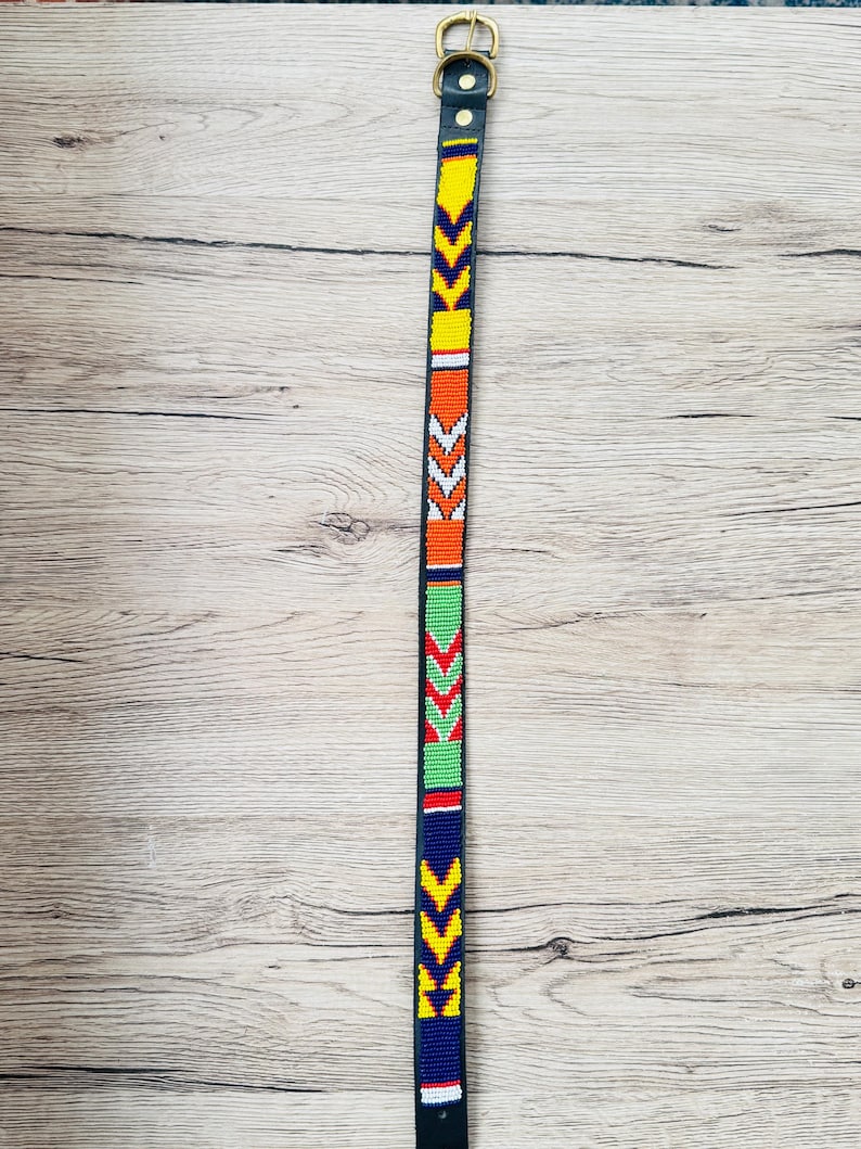 Handmade Masai Beaded Leather Dog Collar: Colorful African Pet Gift. 22-25 inches
