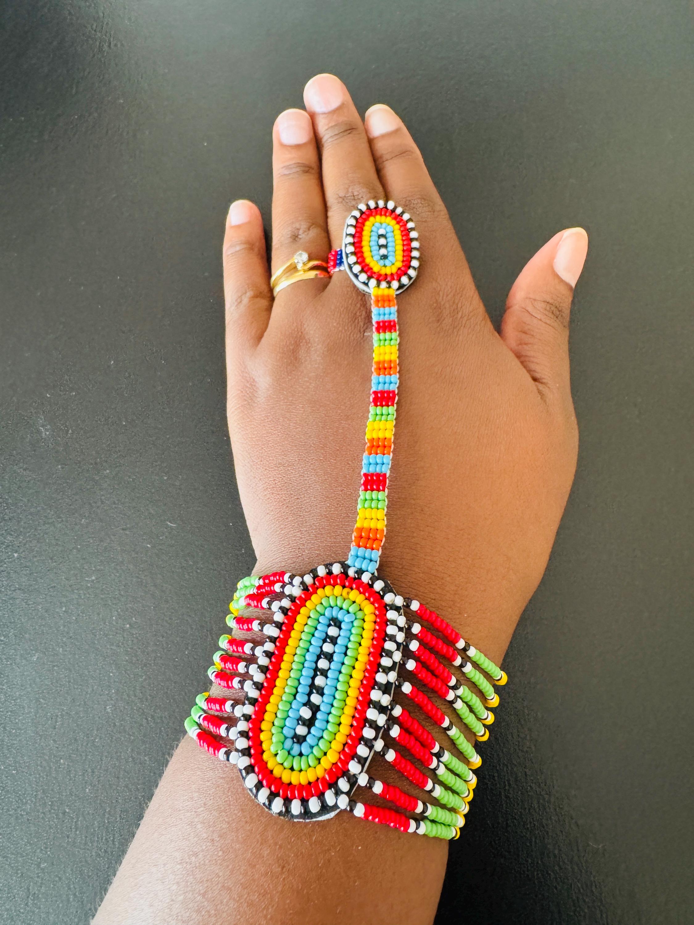 Handmade Maasai Beaded Bracelet With Ring: Kenyan Tribal Bangle
