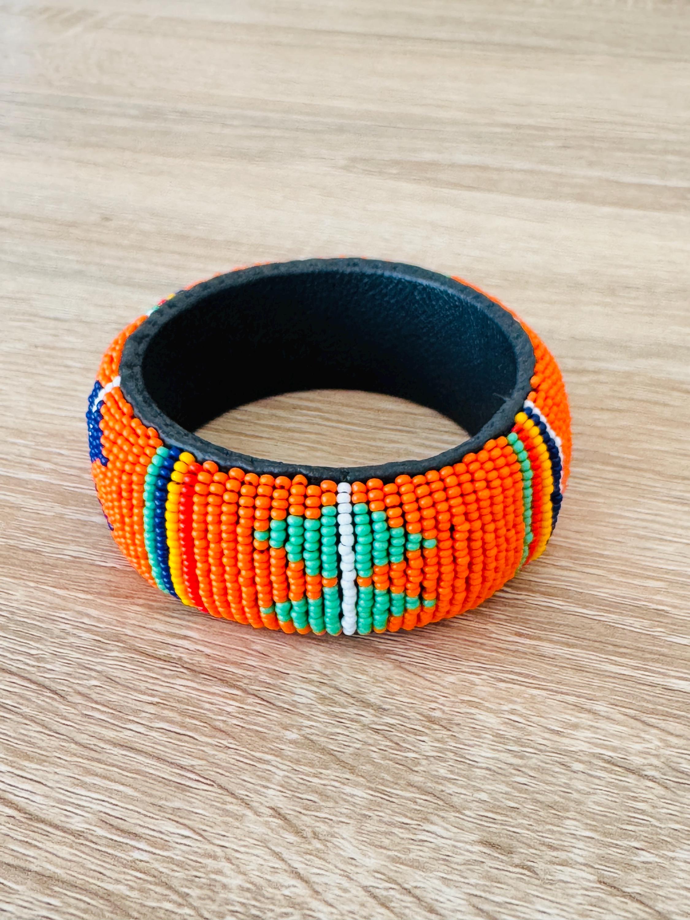 Authentic Maasai Beaded Bangle: Wide Leather Lined Africa