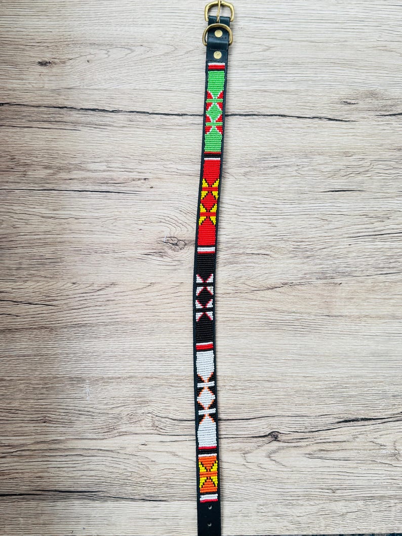 Handmade Masai Beaded Leather Dog Collar: Colorful African Pet Gift. 21.8-24 inches