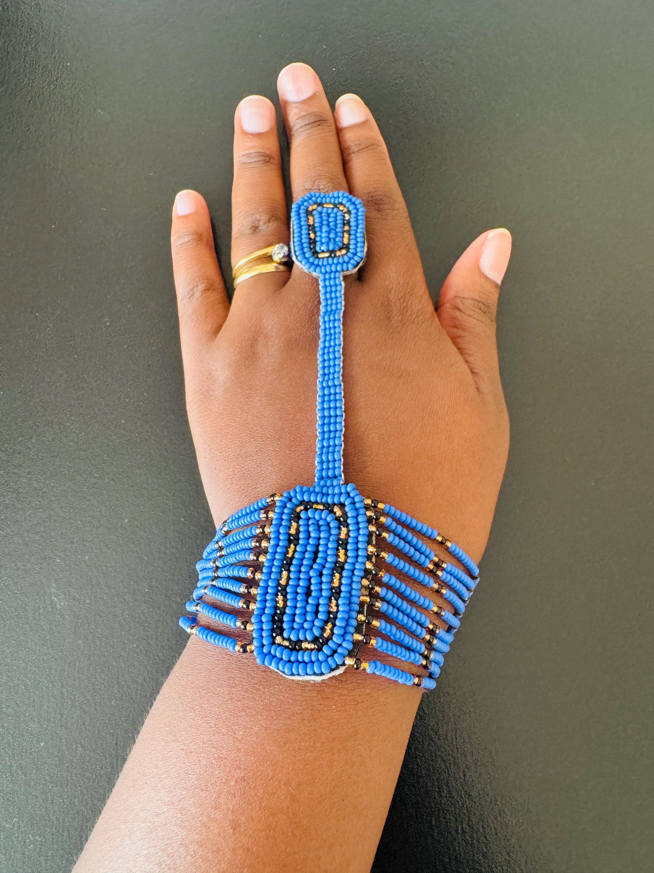 Handmade Maasai Beaded Bracelet With Ring: Kenyan Tribal Bangle