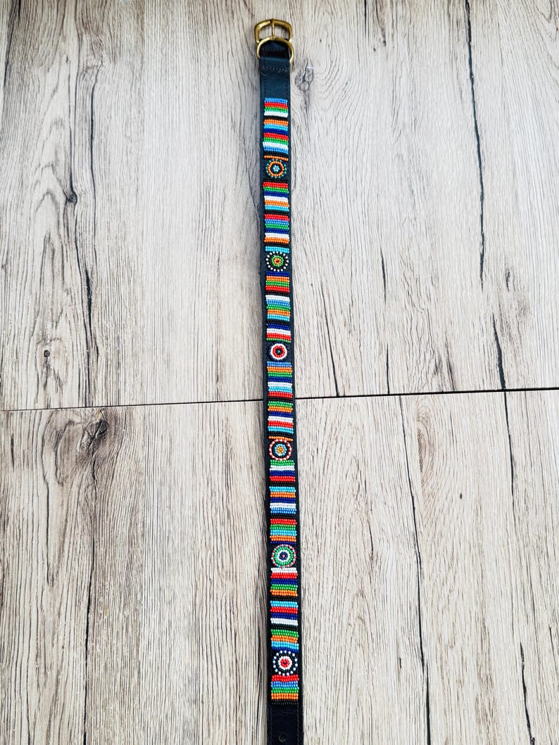 Handmade Masai Beaded Leather Dog Collar: Colorful African Pet Gift. 23-26 inches