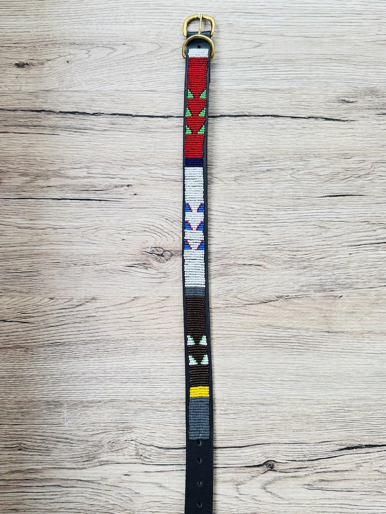 Handmade Masai Beaded Leather Dog Collar: Colorful African Pet Gift. 17-20 inches
