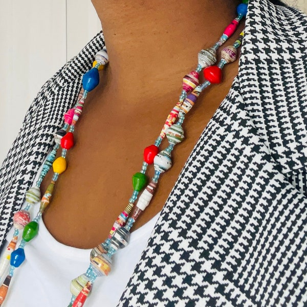 Single Strand Extra Long Necklace/ Beaded Necklace/Colourful Paper Beads Necklace/Eco-Friendly Necklace/Africa Jewelry/ Paper Beads Jewelry