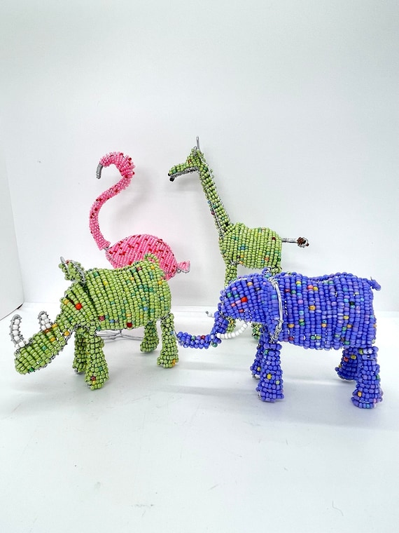 Africa Beaded Wire Animal Sculpture, Handmade Safari Decor