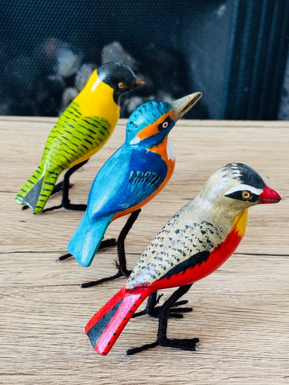 Hand Carved SET OF 3 Wooden Bird Ornaments: Kenyan Jacaranda Wood